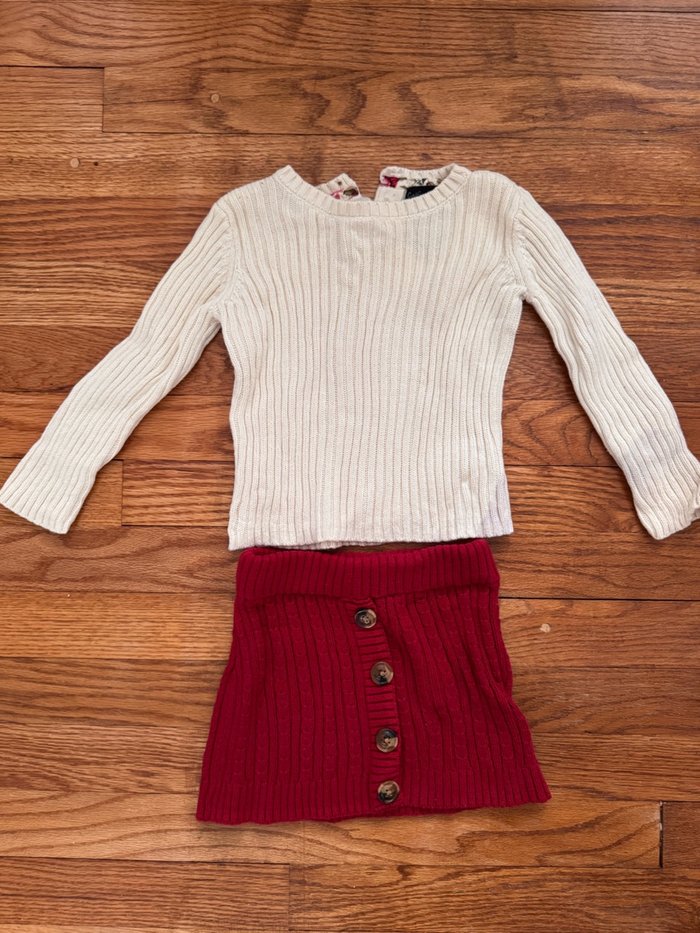 Cynthia Rowley Cream Ribbed Sweater with Red Button-Front Knit Skirt